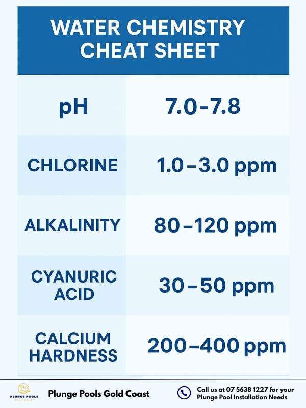 Infographic titled 'Water Chemistry Cheat Sheet' showing ideal pool water parameters: pH (7.0–7.8), Chlorine (1.0–3.0 ppm), Alkalinity (80–120 ppm), Cyanuric Acid (30–50 ppm), and Calcium Hardness (200–400 ppm), with a clean blue and white layout for easy readability.