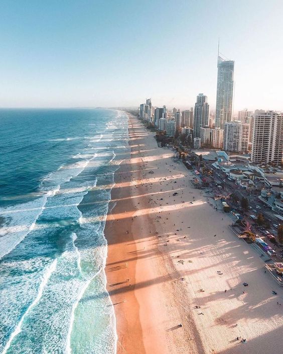 Aerial view of a beautiful surfers' paradise beach.