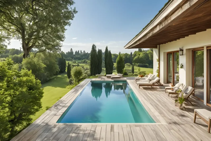 House with a plunge pool in the backyard, overlooking lush green surroundings.