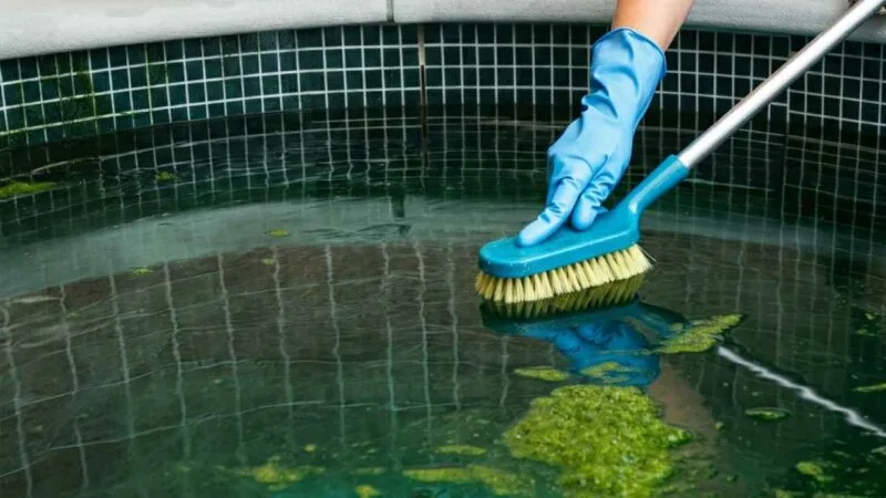 A person wearing gloves scrubbing algae off the tiled walls of a plunge pool using a brush.