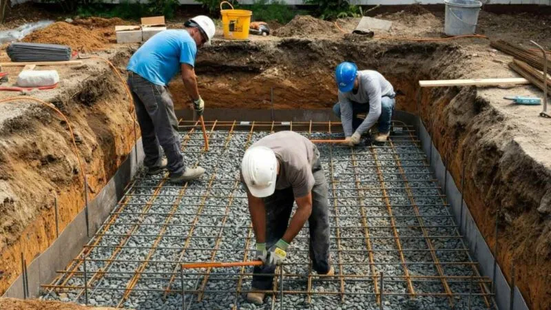 Builders assembling concrete blocks for the walls of an inground plunge pool.