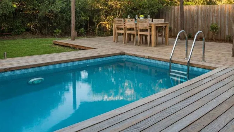 Plunge pool framed by rustic wooden decking.