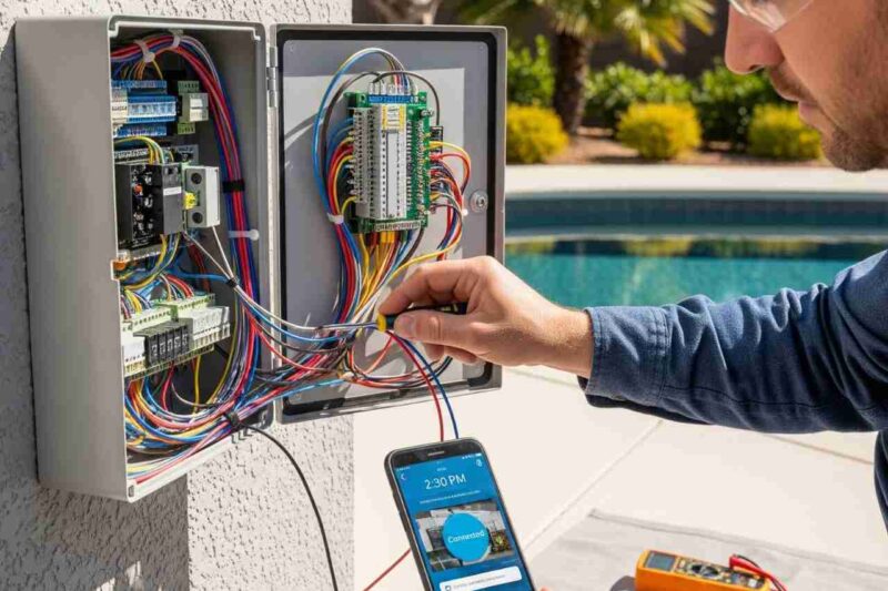 A contractor wiring a digital pool automation control box on the wall, with a smartphone showing app connectivity in hand.