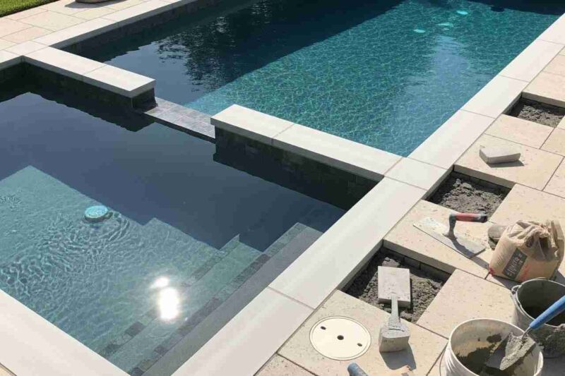 A backyard pool with coping replacement nearly complete, showing contrasting light-coloured coping against deep blue tiles.