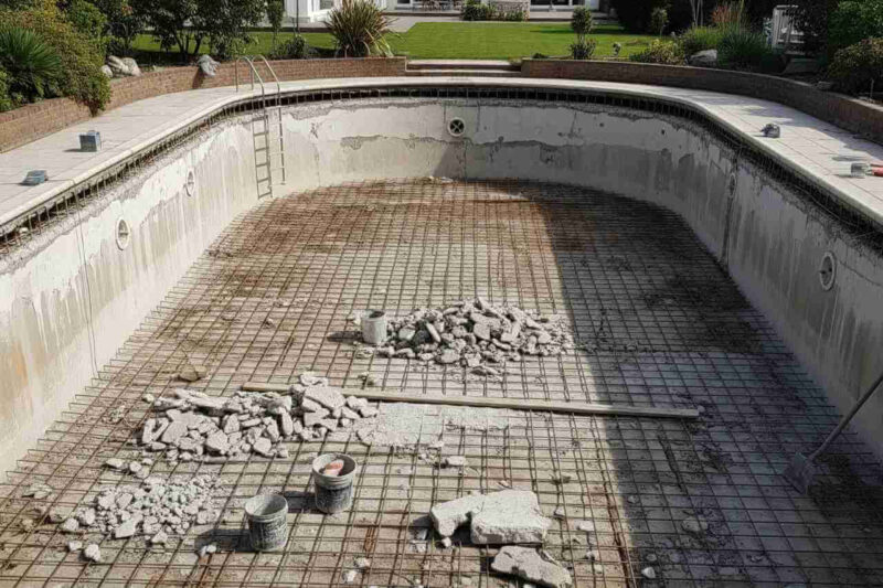 Wide shot of an empty swimming pool with exposed rebar being repaired before new concrete is applied.