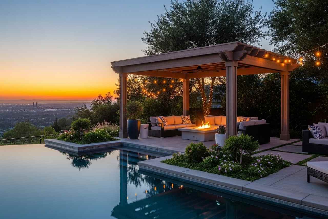 Luxury infinity edge pool with modern pergola, firepit, and outdoor lounge area overlooking city views at sunset.