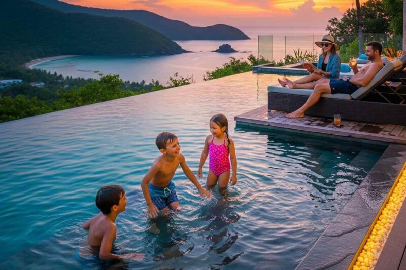 Family enjoying an infinity edge pool at sunset, with children playing in the water and parents relaxing by the poolside overlooking ocean views.