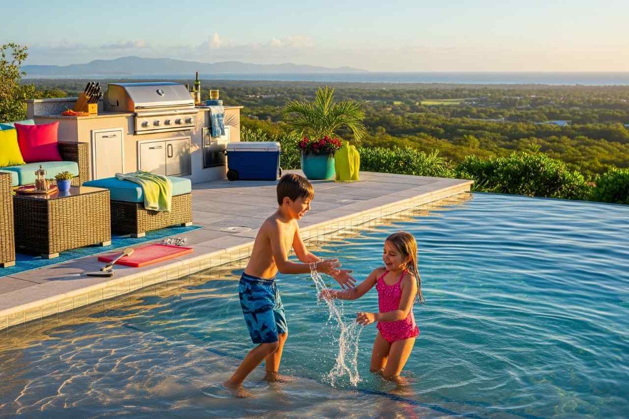 Children playing in an infinity edge pool beside an outdoor BBQ and lounge area, overlooking scenic landscape views at sunset