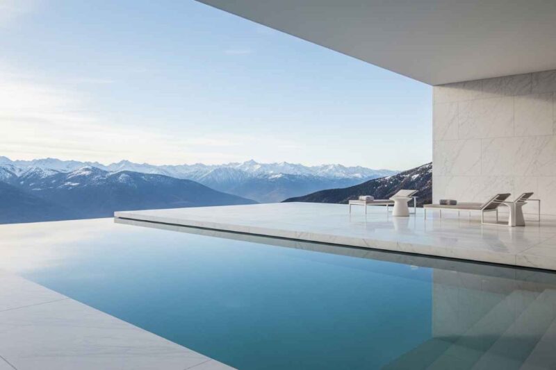 Luxury infinity edge pool with vanishing horizon design overlooking snow-capped mountains, modern outdoor living space with lounge chairs.