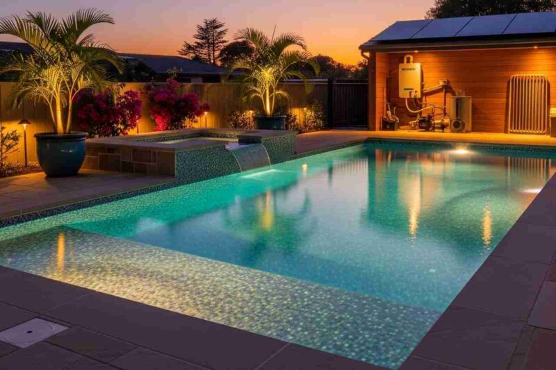 A final showcase photo of a luxury residential pool makeover, featuring new tile finishes, coping, landscaping, and energy-efficient equipment.