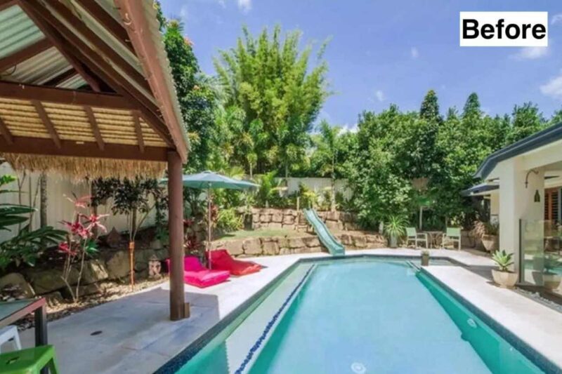 Residential backyard pool before renovation with basic concrete finish, outdated coping, and simple landscaping in a Gold Coast home.