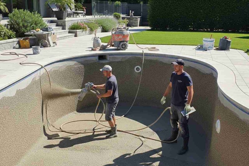 Wide shot of two pool renovation specialists resurfacing a backyard pool with pebblecrete, spraying the mixture evenly across the interior walls.