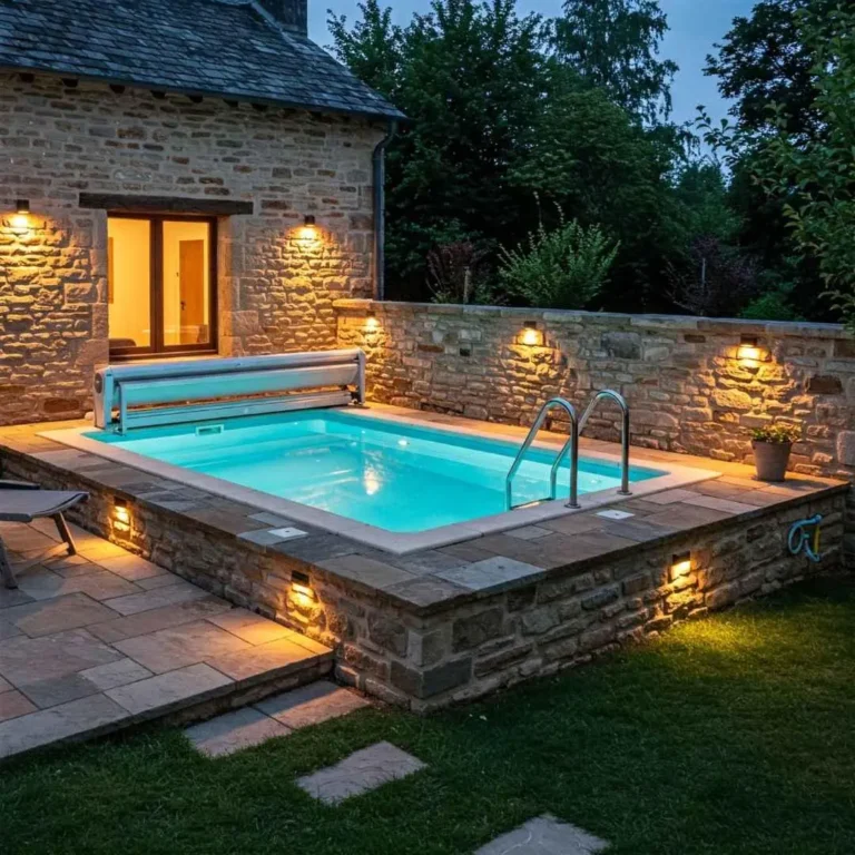 Custom stone plunge pool with ambient lighting in backyard in Currumbin Gold Coast