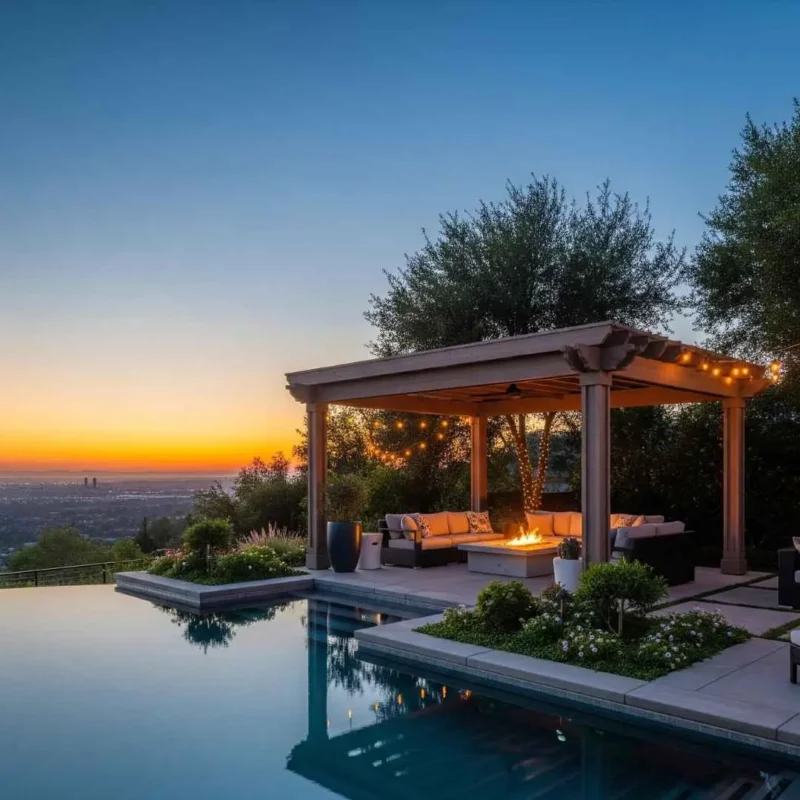 Infinity edge swimming pool with outdoor lounge and sunset views in Currumbin Gold Coast