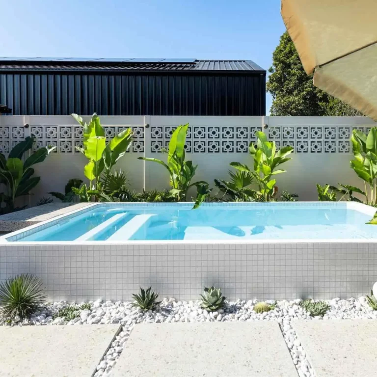 Modern tiled plunge pool with tropical landscaping in Southport Gold Coast