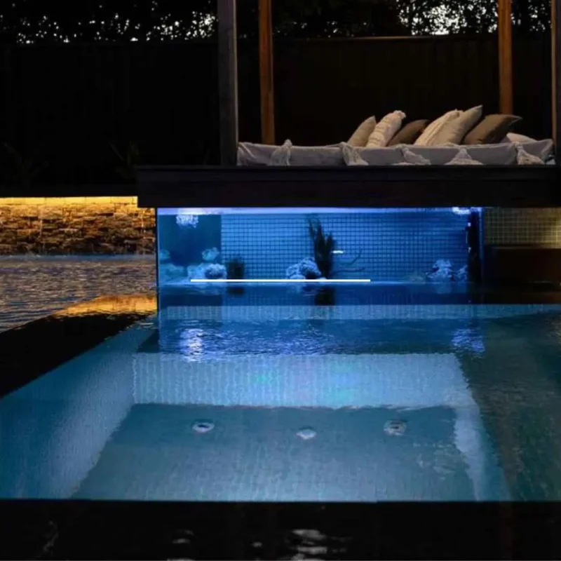 Luxury swimming pool with spa feature and ambient lighting in Robina Gold Coast