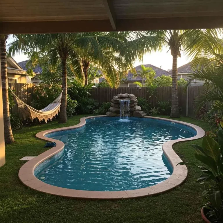 Custom freeform backyard swimming pool with waterfall feature and tropical landscaping in Carrara Gold Coast