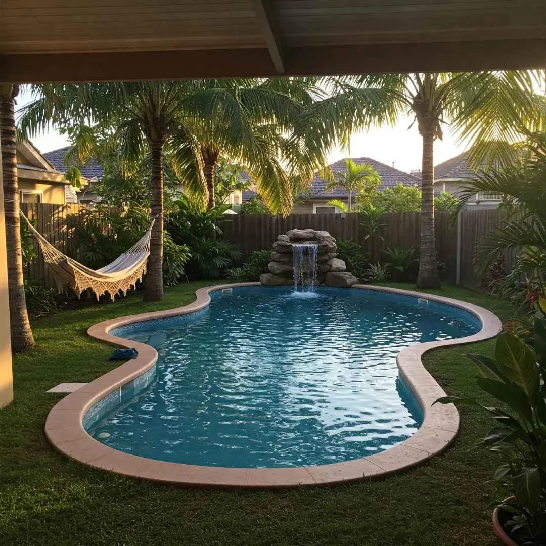 Custom freeform backyard swimming pool with waterfall feature and tropical landscaping in Carrara Gold Coast