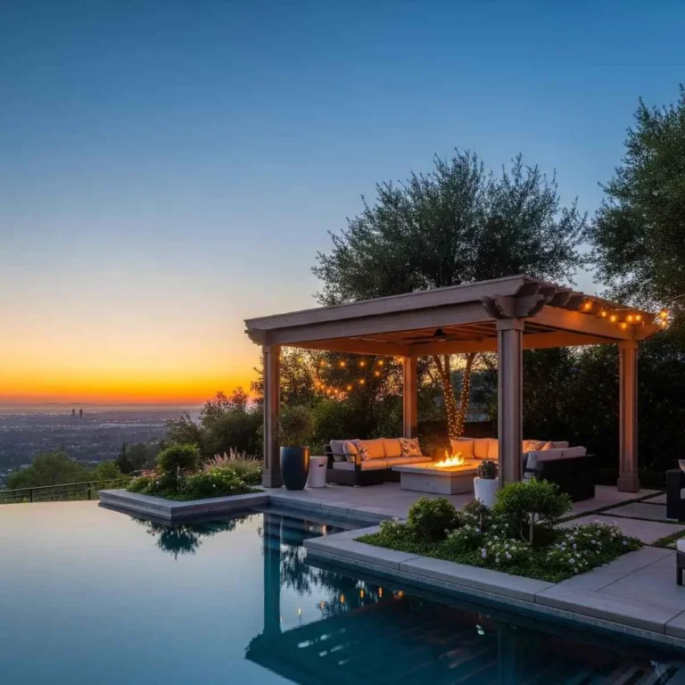 Infinity edge swimming pool with pergola and sunset views in Carrara Gold Coast